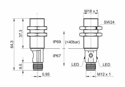 UR18.TB0.2-ZZZZ.9SF 对射式超声波传感器的尺寸图