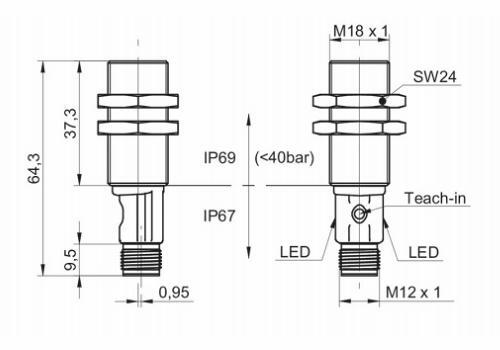 UR18.EB0.2-GP2J.9SF 对射式超声波传感器的尺寸图