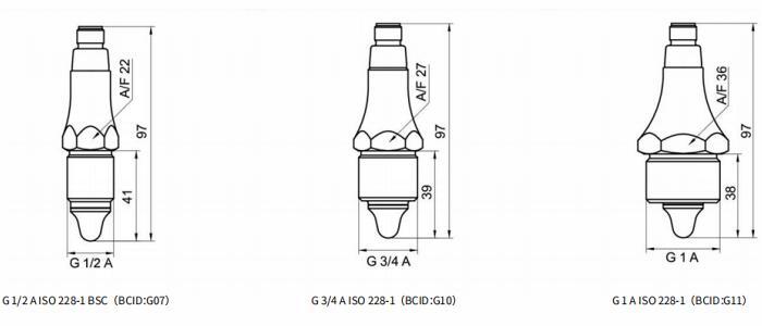 G  1/2  A  ISO  228‑1  BSC（BCID：G07）、G  3/4  A  ISO  228‑1（BCID：G10）及G  1  A  ISO  228‑1（BCID：G11）的尺寸图