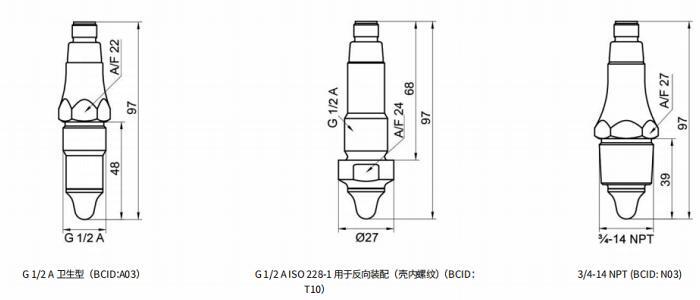 G  1/2  A  卫生型（BCID：A03）、G  1/2  A  ISO  228‑1  用于反向装配（壳内螺纹）（BCID：T10）及3/4‑14  NPT  (BCID:  N03)的尺寸图