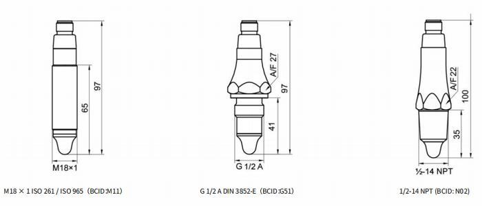 M18  ×  1  ISO  261 /  ISO  965（BCID：M11）、G  1/2  A  DIN  3852‑E（BCID：G51）及1/2‑14  NPT  (BCID:  N02)的尺寸图