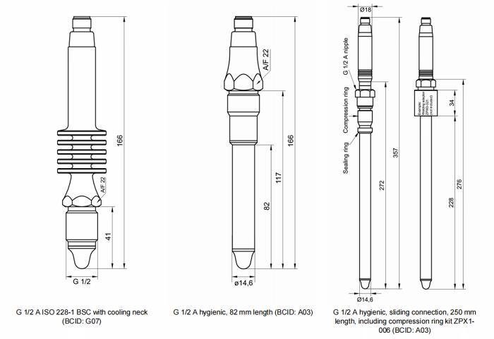G  1/2  A  ISO  228‑1  BSC  带冷却颈（BCID：G07）、G  1/2  A  卫生型，长度  82  毫米（BCID：A03）及G  1/2  A  卫生型滑动连接，长度  250  mm，包括压缩环套件   ZPX1‑006（BCID：A03）的尺寸图