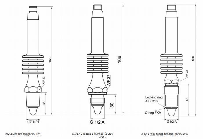 1/2‑14  NPT  带冷却颈  (BCID:  N02)、G  1/2  A  DIN  3852‑E  带冷却颈（BCID：电缆出口，4  线，5  m  长G51)及G  1/2  A  卫生、耐⾼温、带冷却颈（BCID：A03）的尺寸图