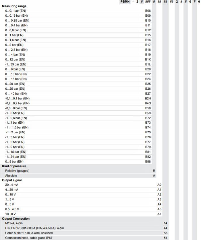 Baumer PBMN 压力变送器的型号订购信息（2）