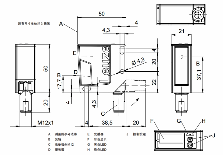 ODS9L2.8/LA6-100-M12 传感器的尺寸图