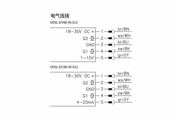 ODSL 8/C66-45-S12 传感器的电气连接图